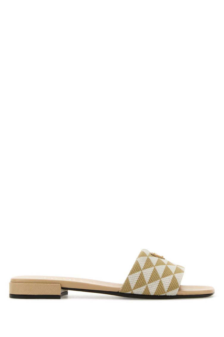 Prada Geometric Pattern Fabric Open Toe Slippers In Neutral