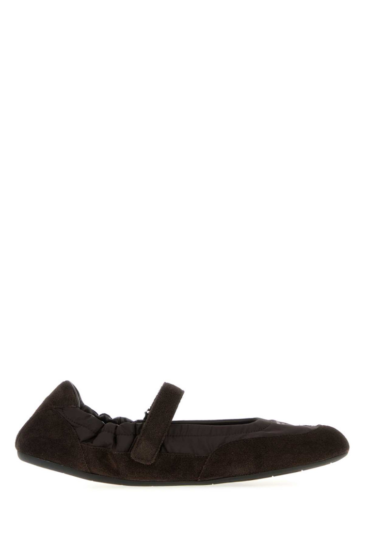 Prada Re-nylon And Suede Mary Jane Ballerina Shoes In Brown