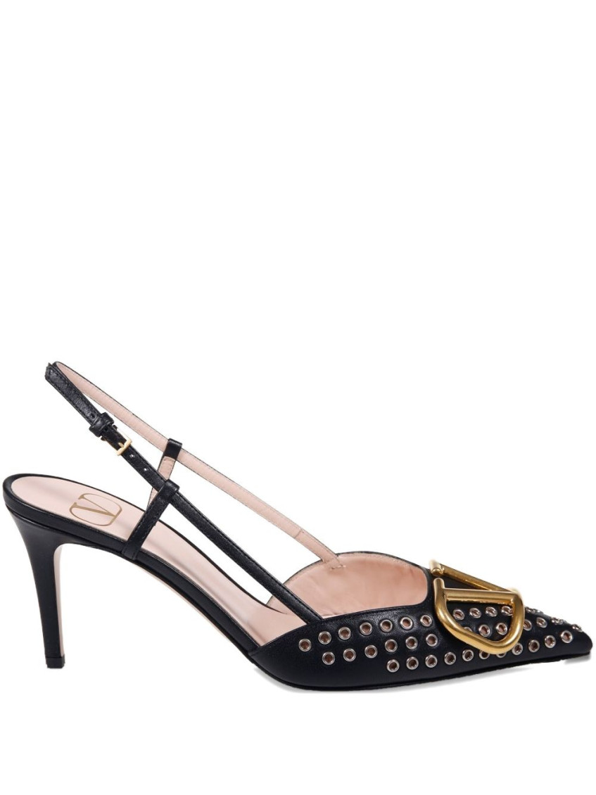 Valentino Garavani Black Vlogo Detail Studded Pointed Toe Slingback Strap Stiletto Heel In Black