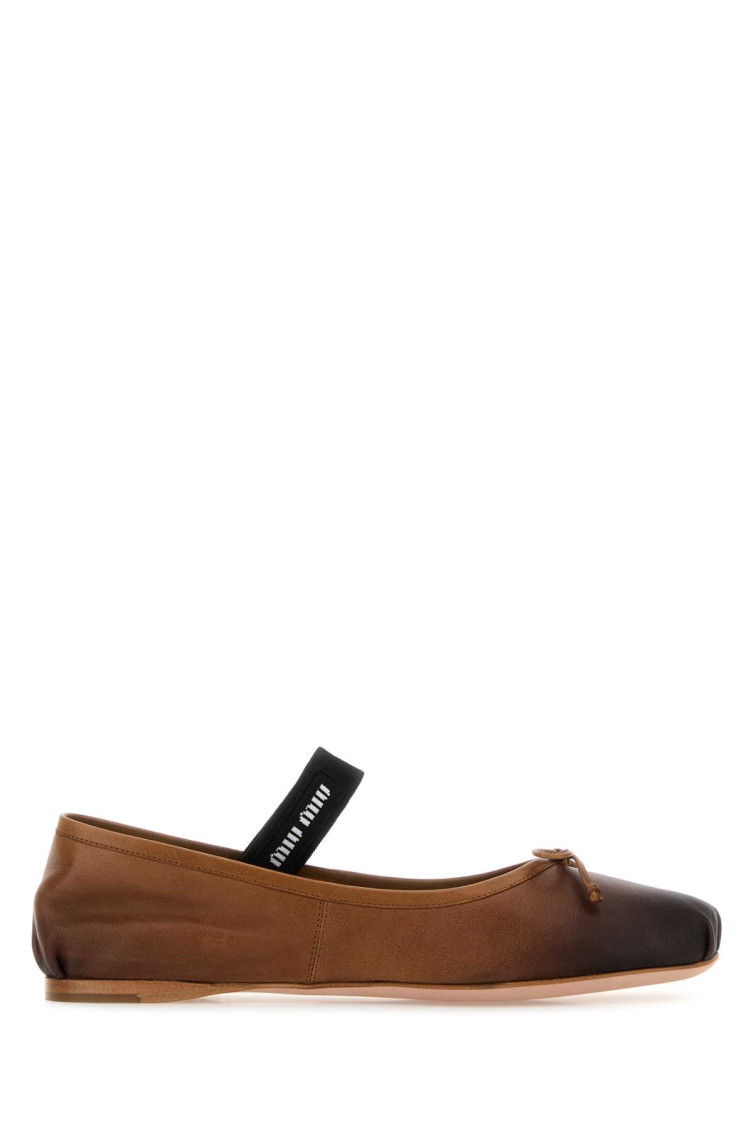 Miu Miu Elasticated Leather Ballerina In Brown