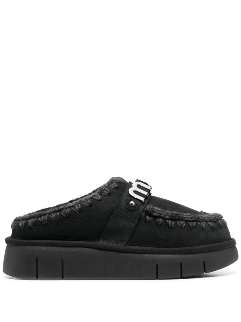 Mou Bounce Black Mules With Logo Lettering And Open Rear In Suede Woman In Black