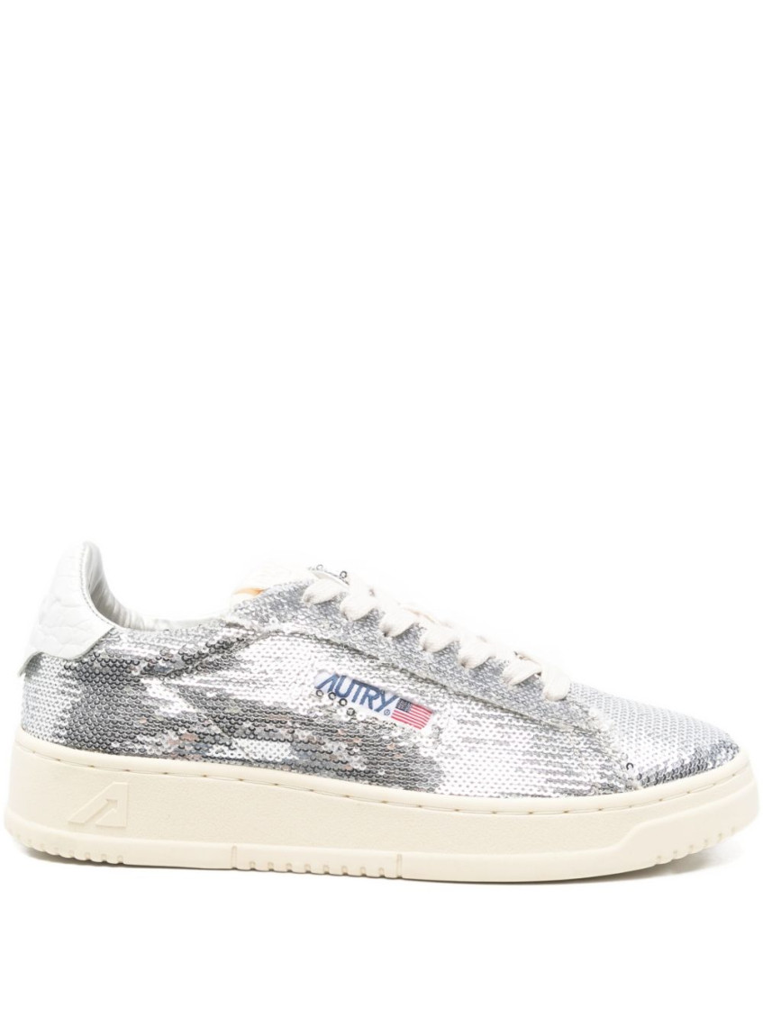 Autry Dallas Low Sparkling Sneakers In Silver And White Sequins Shoes In Animal Print