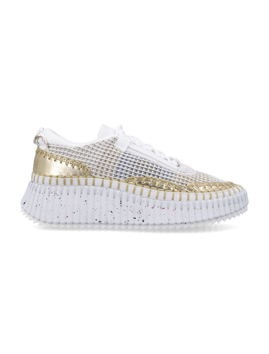 Chloé Nama Embroidered Metallic Leather And Mesh Sneakers In White