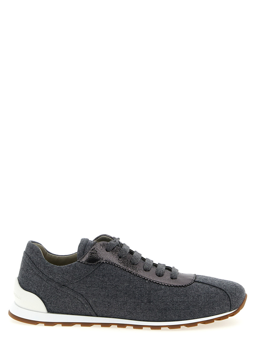 Brunello Cucinelli Women Low-top Wool Flannel Sneakers With Leather Profiles In Blue