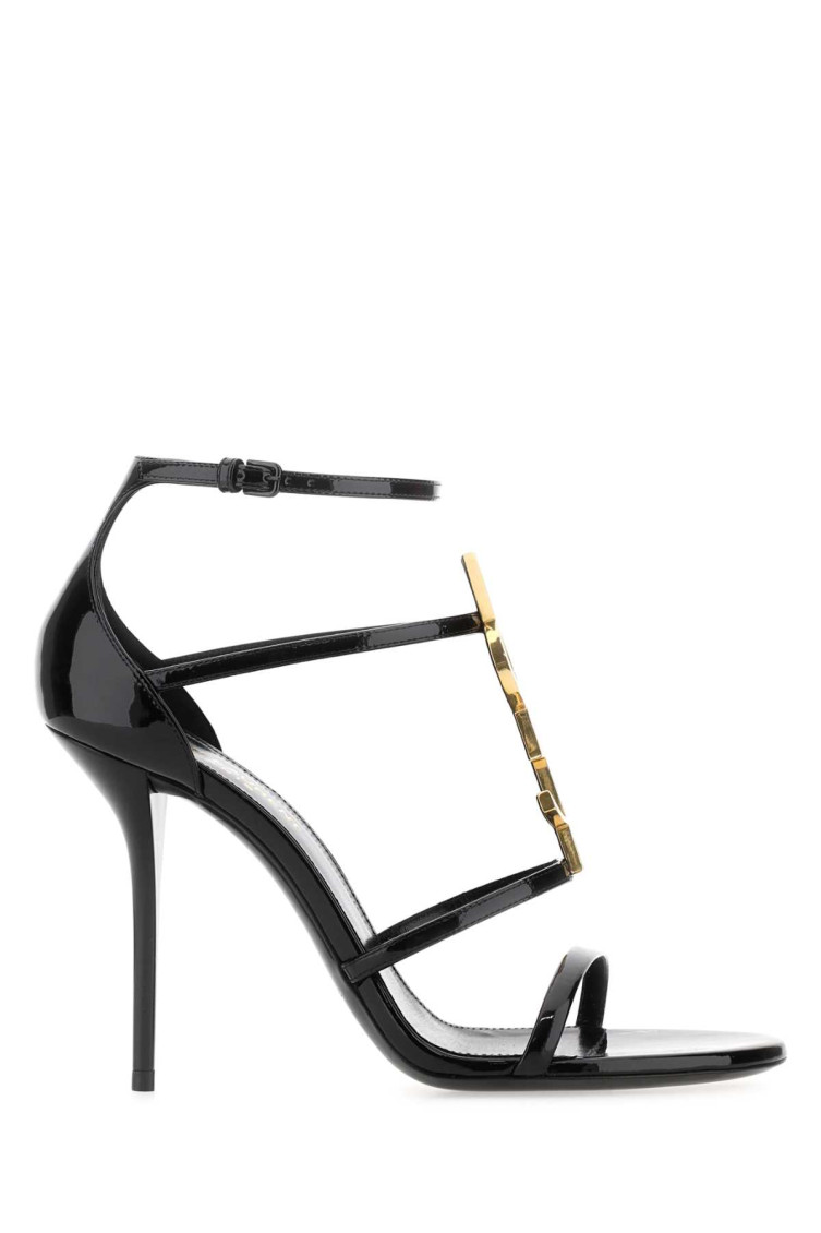 Saint Laurent Cassandra Sandals In Patent Leather With Gold-tone Monogram In Black