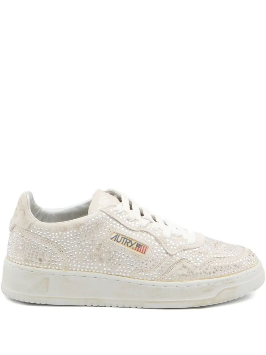 Autry Medalist Low Sneakers In Worn-out Effect Suede With Rhinestones Shoes In White