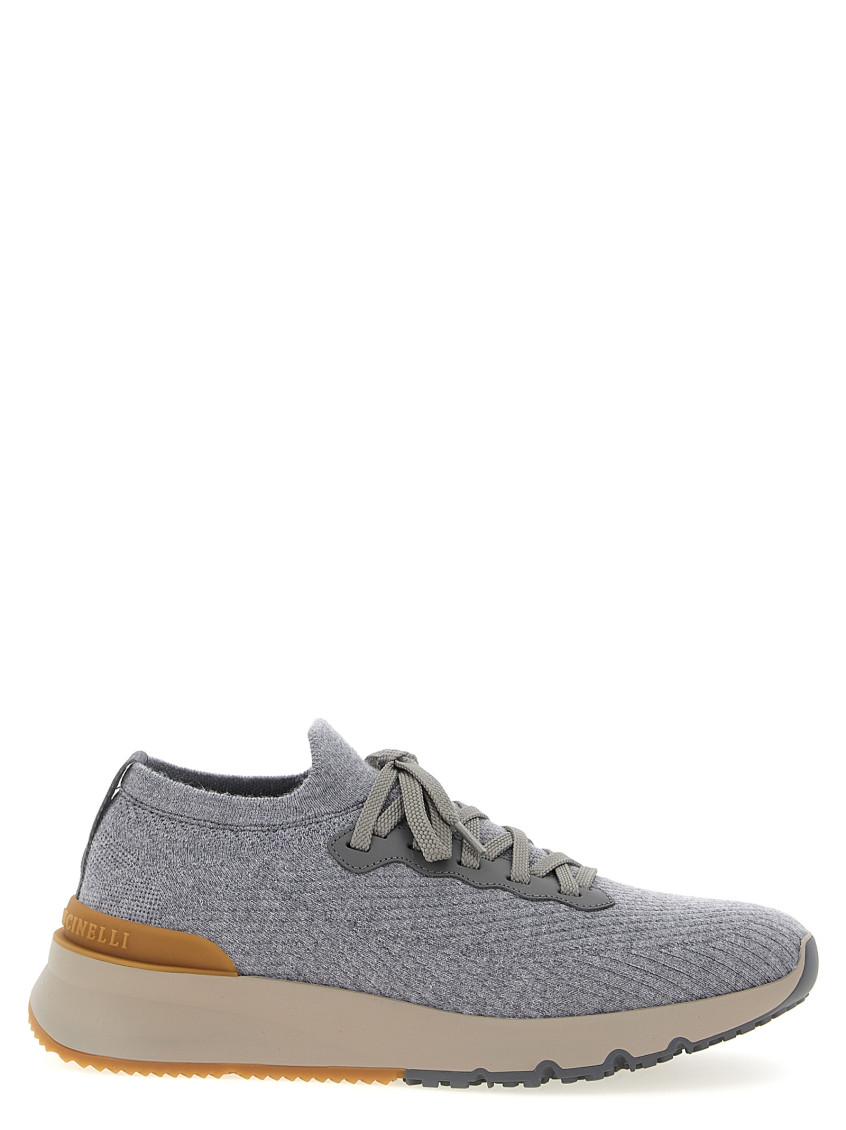Brunello Cucinelli Low Slip-on Stretch Wool Knit Sneakers With Rubber Sole In Gray