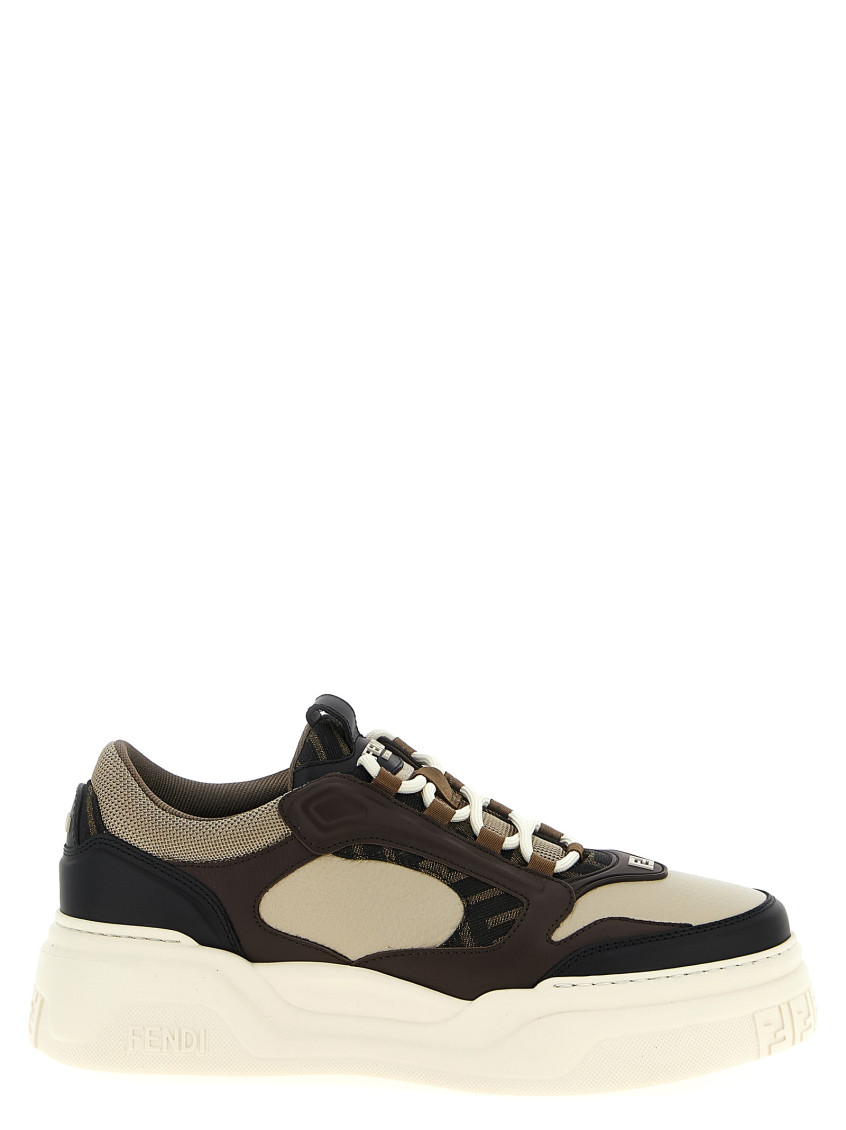 Fendi Force Leather Sneakers With Ff Jacquard And Mesh Details Shoes In Neutral