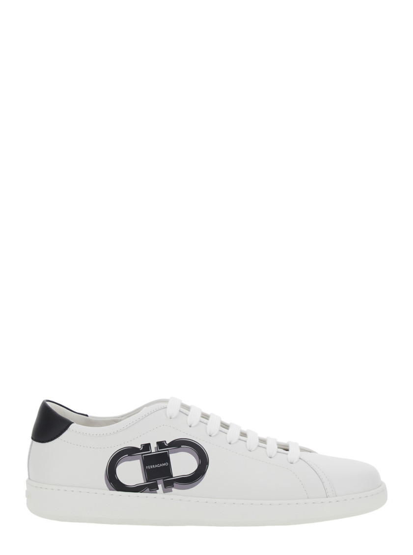 Ferragamo White Sneakers With Gancini Print On The Side And Contrasting Heel In White