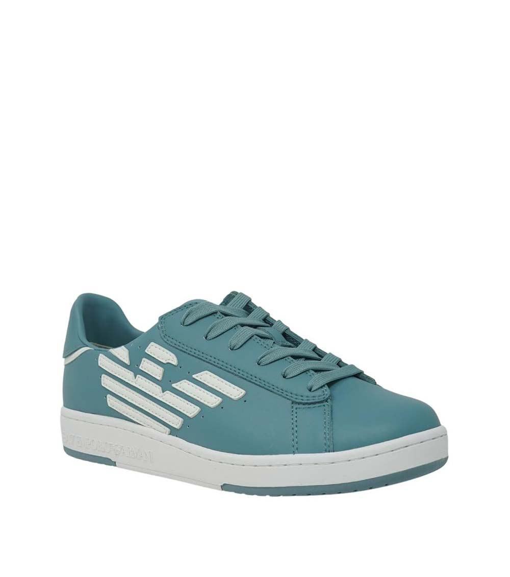 EA7 Emporio Armani Blue Smoke Leather Sneakers for Men Online