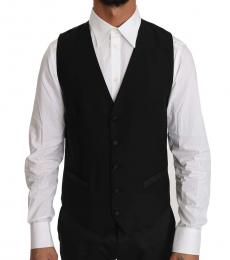 Dolce & Gabbana Black Solid Wool Silk Waistcoat Vest