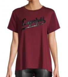 Karl Lagerfeld Maroon Faux Leather-Logo T-Shirt