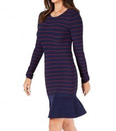 Michael Kors Navy Blue Striped Ruffled Sweater Dress