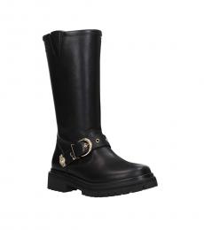 Versace Jeans Couture Black Leather Round Toe Boots