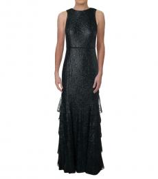 Ralph Lauren Navy Blue Metallic Lace Evening Dress