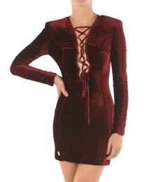 Philipp Plein Maroon Lace-Up Detail Velour Dress