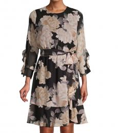 Calvin Klein Black Multi Floral-Print Ruffled Belted Dress