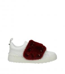 White Red Fur Strap Sneakers