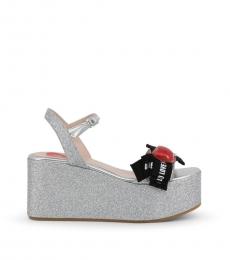Love Moschino Grey Silver Logo Print Glitter Wedges