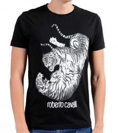 Roberto Cavalli Black Graphic Fighting Crewneck T-Shirt