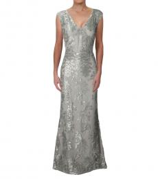 Ralph Lauren Silver Metallic Floral Evening Dress