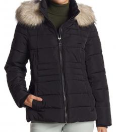 DKNY Black Faux Fur Trim Puffer Jacket