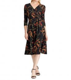 Ralph Lauren Black Gold Printed Fit-&-Flare Wrap Dress