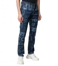 Just Cavalli Dark Blue All Over Logo Printed Straight Fit Jeans
