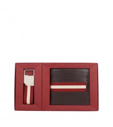 Bally Dark Brown Red Striped Wallet & Key Chain Set