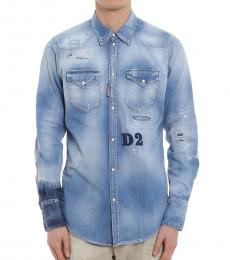 Dsquared2 Blue Denim Distressed Classic Collar Snap Button Shirt