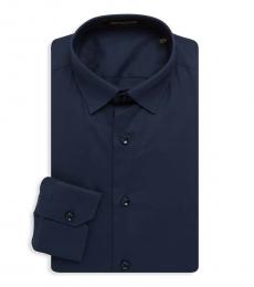 Navy Blue Slim-Fit Solid Dress Shirt
