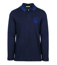 Dark Blue Pique Long Sleeve Logo Polo