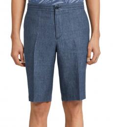 Blue Flat Front Flax Shorts