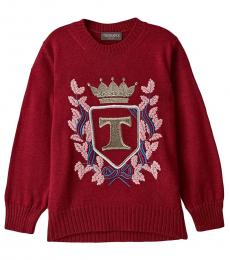 Little Girls Red Embroidered Crewneck Sweater