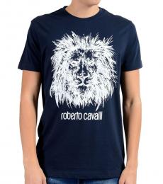 Roberto Cavalli Dark Blue Graphic Lion T-Shirt