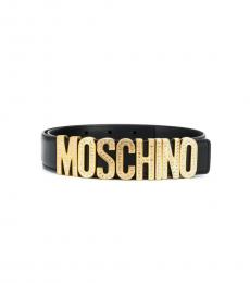 Moschino Black Golden Stud Logo Buckle Belt