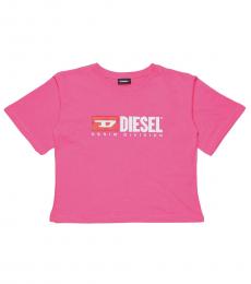 Diesel Girls Pink Logo Embroidered T-shirt