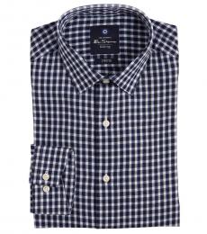 Ben Sherman Dark Blue Stretch Collar Plaid Dress Shirt