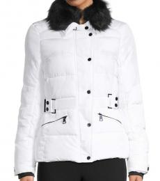 White Fur-Collar Belted Jacket
