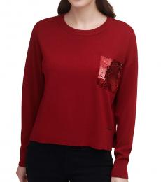 DKNY Red Sequin-Pocket Sweater