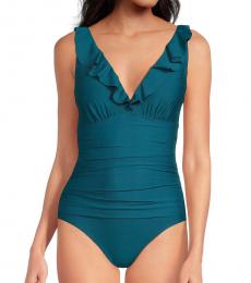 DKNY Teal Ruffled One Piece Swimsuit