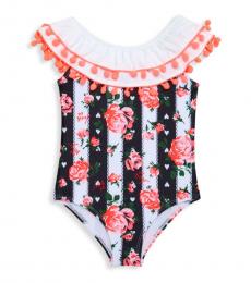 Betsey Johnson Little Girls Black & White Pom-Pom One-Piece Swimsuit