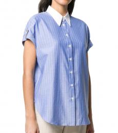 Brunello Cucinelli Light Blue Poplin Contrast Pinstriped Shirt