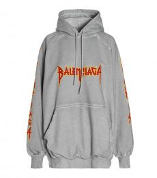 Balenciaga Light Grey Front and Sleeve Logo Print Hoodie