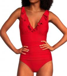 DKNY Red Ruffled One Piece Swimsuit