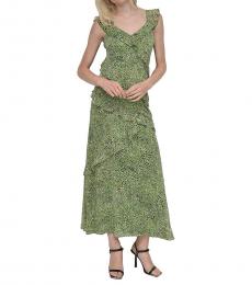 DKNY Green V-Neck Sleeveless Ruffle Dress
