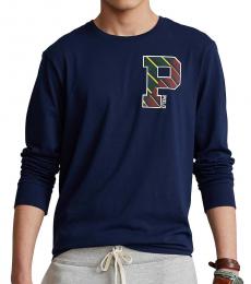 Navy Blue Classic-Fit Logo Graphic Long-Sleeve T-Shirt
