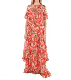 Philipp Plein Red Floral Ruffled Maxi Dress
