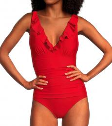 DKNY Red Ruffled One Piece Swimsuit