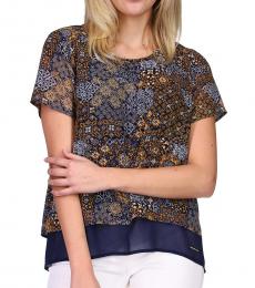 Michael Kors Navy Blue Petite Printed Layered-Look Top